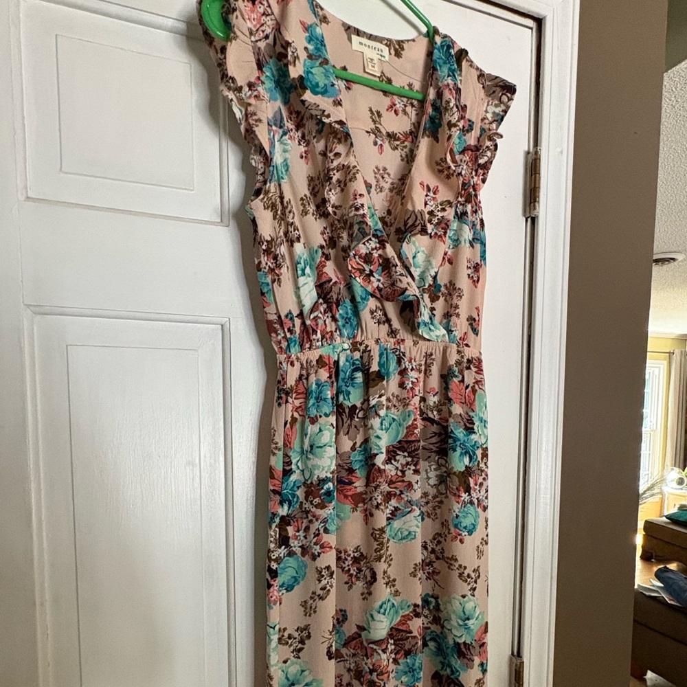 Monteau Floral Ruffle Maxi Dress in Cream rose and teal